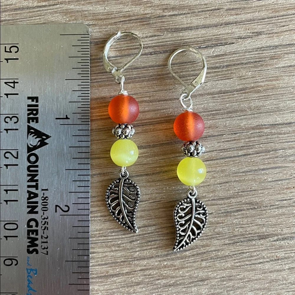 HAND CRAFTED BEAD & LEAF DANGLE EARRINGS Orange Yellow Fall Fashion Jewelry